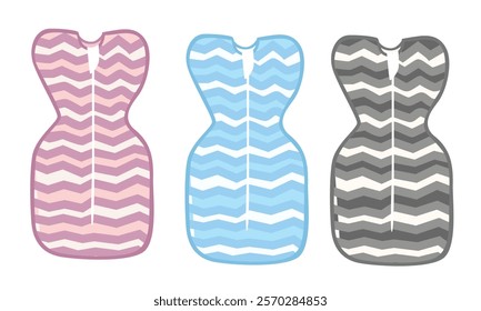 Baby sleep sack vector illustration set in cartoon style. Baby sleeping bag clipart in flat design with zigzag pattern and a zipper running vertically down the center. Baby clothing, baby element.