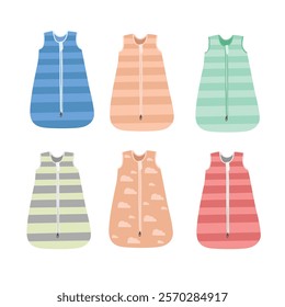 Baby sleep sack vector illustration in cartoon style. Baby sleeping bag clipart in flat design with striple pattern and a zipper running vertically down the center. Baby clothing, baby element.