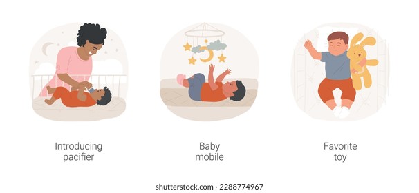 Baby sleep toys isolated cartoon vector illustration set. Introducing pacifier, mom gives infant a rattle, watching baby mobile, hugging soft toy teddybear, bedtime routine vector cartoon.