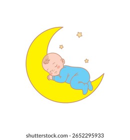 Baby Sleep Vector, Cute Baby Sleep on the Crescent Moon Vector Illustration, Baby Cartoon Vector Image, Childhood, Toddler, Kid Cartoon Illustration.