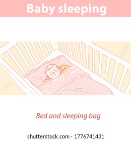 Baby sleeping in bed, in sleeping bag. Healthy sleep patterns for the child in the first months. Sleep training, regime for newborn. night dreams. Daily routine for newborn. Color vector illustration.