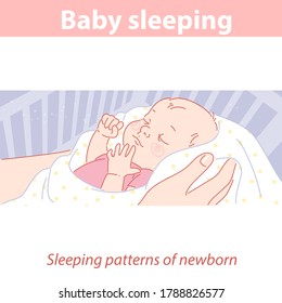 Baby sleeping in blanket on mother's hands. Healthy sleep patterns for the child in the first months. Sleep training, regime for newborn. Daily routine for newborn. Color vector illustration.