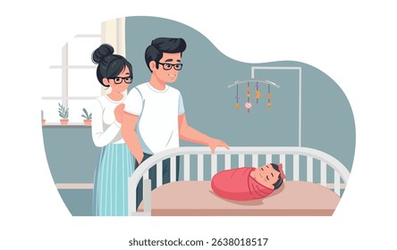  baby is sleeping in crib next to father and mother cartoon vector