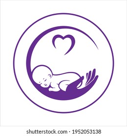 baby sleeping in hand. Logo of baby care, family love, protection, pregnancy. Concept of protect child. Parent's hands. Childbearing. Newborn baby in safety. Symbol of in vitro fertilization. Vector