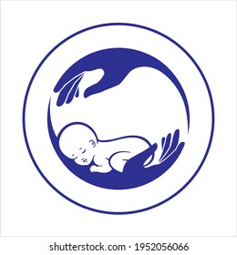 Baby Sleeping In Hand. Logo Of Baby Care, Family Love, Protection, Pregnancy. Concept Of Protect Child. Parent's Hands. Childbearing. Newborn Baby In Safety. Symbol Of In Vitro Fertilization.