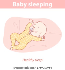 Baby sleeping. Healthy sleep patterns for the child in the first months. Sleep training. Daily routine for newborn. Using pacifier. Color vector illustration.