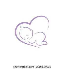 The baby is sleeping in the heart. Line art.