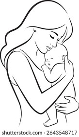 baby sleeping in her mother hand vector line art on white background