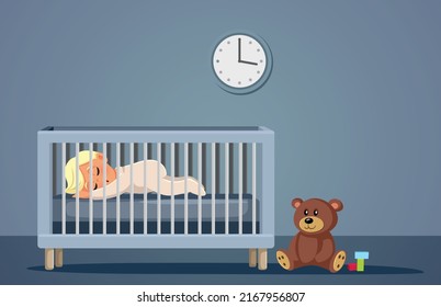 
Baby Sleeping in his Bed in Nursery Room Vector Cartoon Illustration. Tired infant taking afternoon nap sleeping on his tummy 
