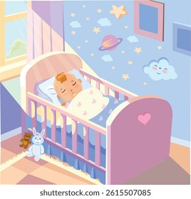 Baby sleeping in his bed in the nursery morning sun beam coming through the window Vector