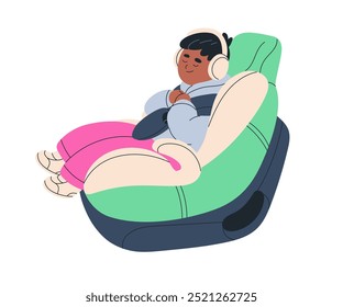 Bebé que duerme en el asiento de coche de los niños, sujetado con el cinturón de seguridad. Pasajero niño negro lindo sentado en silla protectora, protegido mientras viaja por carretera. Ilustración vectorial plana aislada sobre fondo blanco