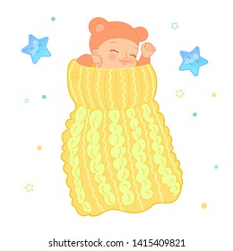 Baby sleeping in a knitted sleeping bag. Realistic cartoon Vector illustration with a newborn baby in cocoon. Pattern with cartoon stars, clouds.