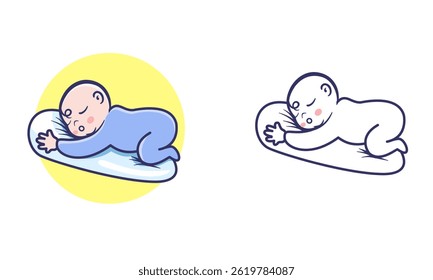 Baby sleeping mascot logo design template. Sleeping Baby on a soft and comfortably pillow, Infant sweet dreams.Design for Baby care, toys and accessory shop emblem, logotype, sign. Vector Line Doodle