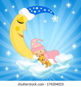 Baby sleeping on the cloud. Vector illustration.