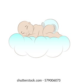 Baby sleeping on the cloud. Vector illustration.