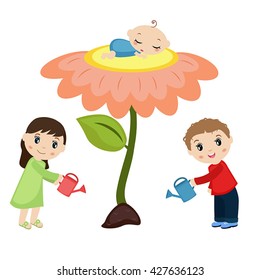 Baby sleeping on the flower. Man and woman watering flower. Happy family concept.