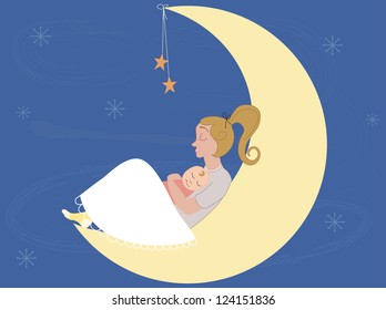 Baby Sleeping On His Mother Arms In The Moon