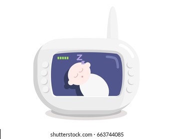 Baby Sleeping On A Monitor. Electronic Nanny In Light Grey Color. Vector Isolated Illustration