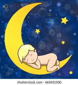 Baby sleeping on the moon. Illustration for poster, print and web projects.