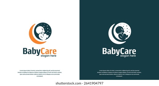 Baby sleeping on the moon logo, negative space style, vector graphic design.