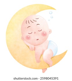 Baby Sleeping on Moon. A sweet baby peacefully sleeping on a crescent moon.