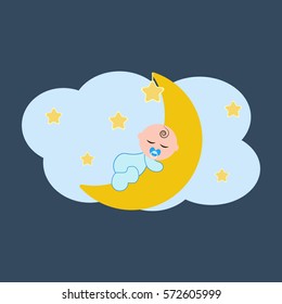 Baby sleeping on the moon. Vector illustration