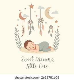 Baby Sleeping Poster with a peaceful, cozy vibe in Bohemian Style features moon, stars, clouds, feathers, gentle leaves, and dreamcatchers. Sweet Dreams Little One Lettering.