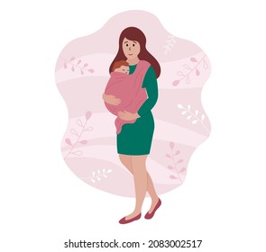 Baby Sleeping In Sling. Mother Holding Newborn In Fabric Baby Carrier. Child Wrapped In Babycarrier Is In Hands Of  Woman. Vector Flat Illustration.