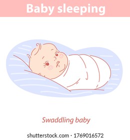 Baby sleeping. Swaddling baby in first months. Help baby to calm down and fall asleep. Sleep training. Cute little child don't sleep, eyes open.  Color vector illustration.
