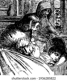 A baby is sleeping and two people looking at baby, vintage line drawing or engraving illustration