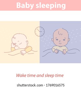 Baby Sleeping. Wake Time And Sleep Time Regime Of Newborn. Cute Little Child Sleep At Day, Awake At Night. Sleep Training. Healthy Daily Routine And Rituals. Color Vector Illustration.