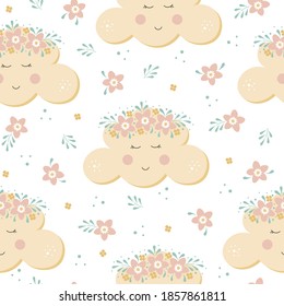 Baby sleeping yellow cloud seamless pattern. Children vector illustration. Digital paper for kids. Floral good night theme. Baby shower decor.