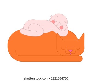 Baby sleeps with cat. child and kitten sleeping

