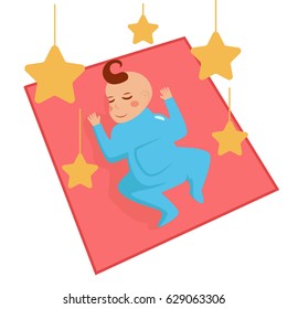 Baby sleeps in crib. Stars on threads. Hanging carousel. Isolated art on white background. Vector. Cartoon. Flat. 