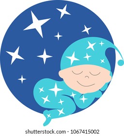 A baby sleeps in front of a starry sky