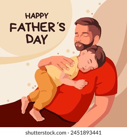 
The baby sleeps in his father's arms. Vector illustration. Cartoon characters. A Father's Day greeting card. The concept of family.
