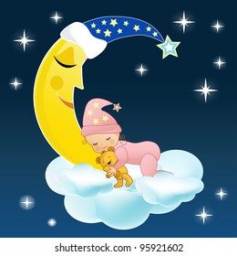 The baby sleeps on a cloud. Vector illustration.