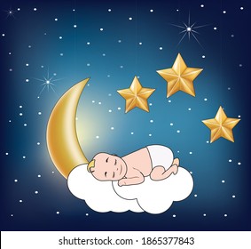 Baby sleeps on moon cloud. vector