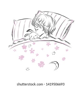 Baby sleeps with toy rabbit under blanket in bed with pink floral ornament. 