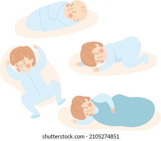 Baby sleeps in various poses. 0-12 month. different sleeping positions. Swaddled newborn. Toddler sleeps in a sleeping bag. Vector illustration set