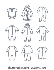 Baby sleepwear cloth thin line icons. Simple linear pictograms of kids clothing. Pajamas, rompers, bodysuits and bathrobe. Children wardrobe. Cute outfit for newborn child, toddler, little boy or girl