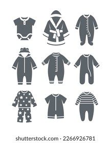 Baby sleepwear clothes silhouette icons. Pajamas, rompers, bodysuits and bathrobe. Simple solid pictograms of children clothing. Kids wardrobe. Outfit for newborn child, toddler, little boy or girl