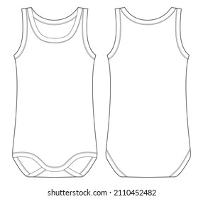 Baby sleeveless body. Infant tank top technical sketch. Children bodysuit. Underwear outline. Back and front view. Front and back view. CAD fashion design. Vector illustration