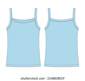 Baby sleeveless tank top with straps technical sketch. Children outline undershirt. Sky blue color. Back and front view. Front and back view. CAD fashion design. Vector illustration