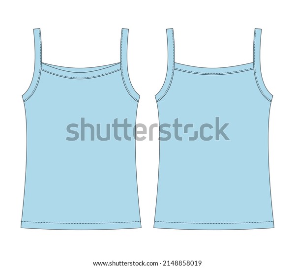 Baby\
sleeveless tank top with straps technical sketch. Children outline\
undershirt. Sky blue color. Back and front view. Front and back\
view. CAD fashion design. Vector\
illustration