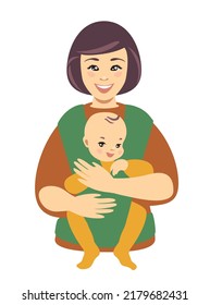 Baby in sling on mom. Vector flat illustration