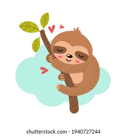 Baby sloth hanging on a branch. Cute vector illustration in hand drawn style. Suitable for cards, invitations, posters, prints, scrapbooking.