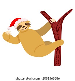 Baby sloth hanging on a branch in red and white hat. Cute and funny. Cartoon style. Nature and ecology. Merry Christmas. Happy New Year. Holiday decoration. Post card, poster, graphic design, textile