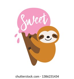 Baby sloth hanging on an ice cream in summer. Cute sloth vector illustration.