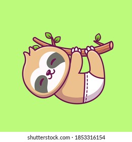 Baby Sloth Hanging On Tree And Wearing Underwear Cartoon Vector Icon Illustration. Animal Nature Icon Concept Isolated Premium Vector. Flat Cartoon Style